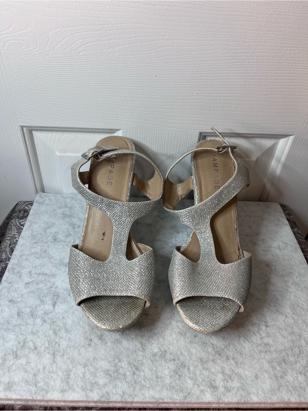 Rampage Silver Glitter T-Strap Heeled Sandals